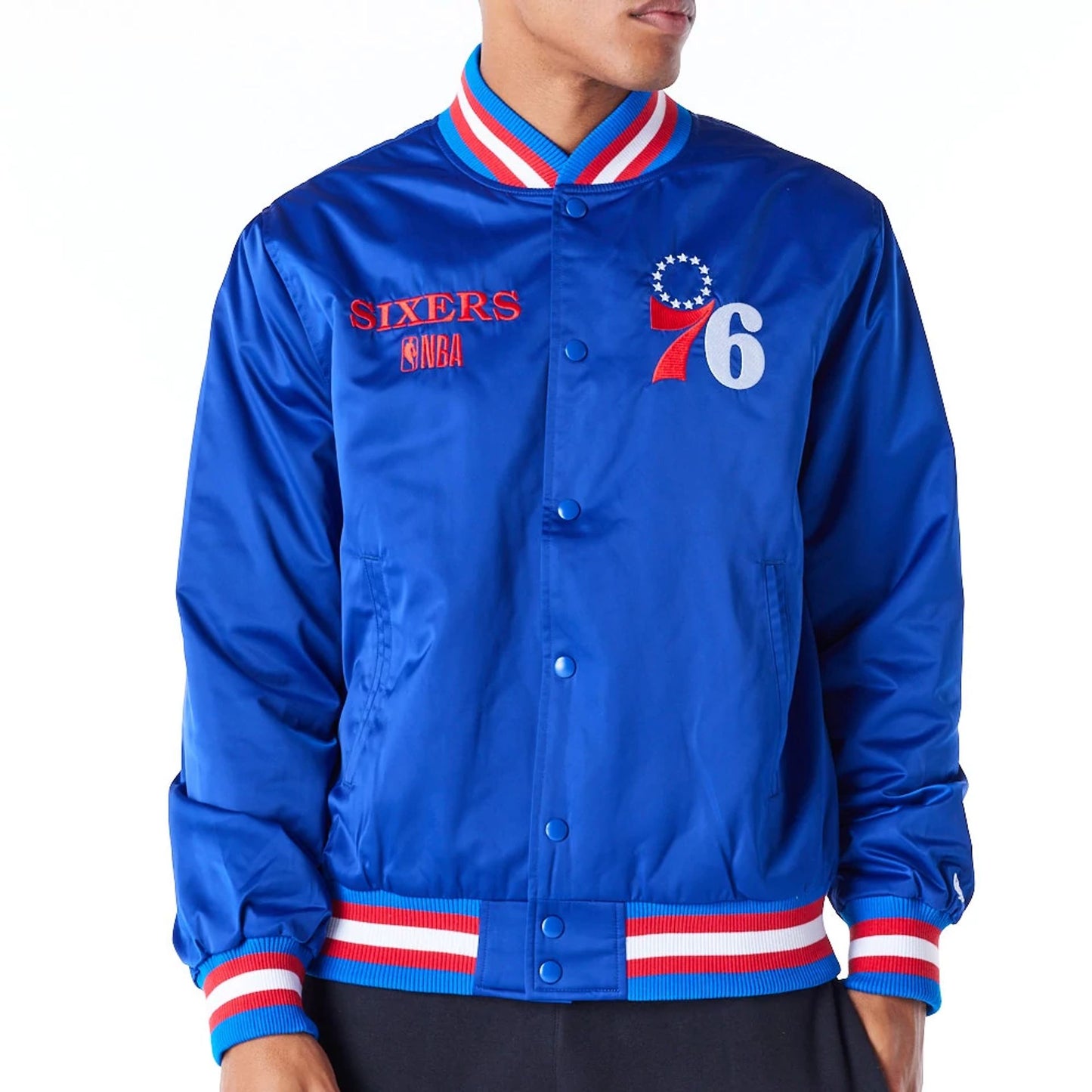 The Male model is wearing Philadelphia 76ers NBA Satin Blue Bomber Jacket 3