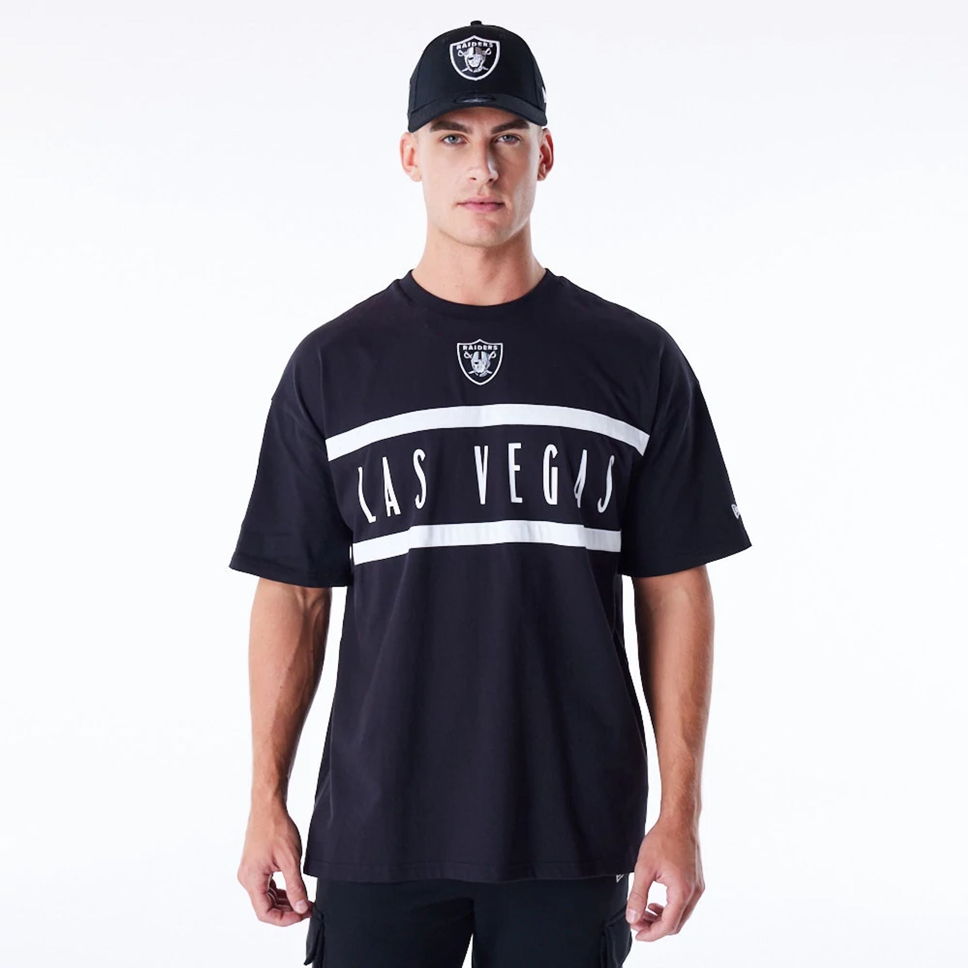 The Male model is wearing Las Vegas Raiders NFL Drop Shoulder Black Drop Shoulder T-Shirt 1