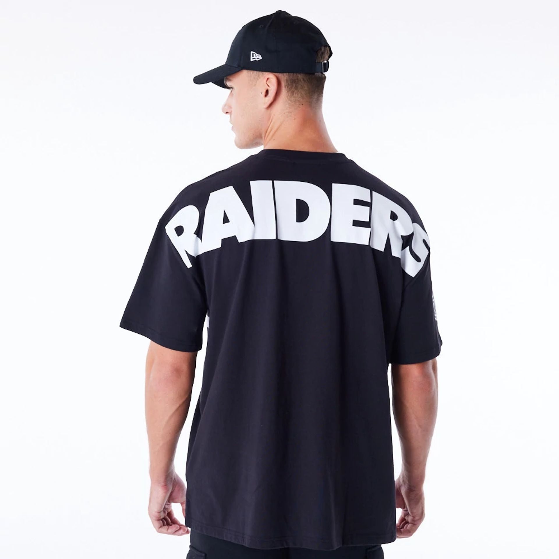 The Male model is wearing Las Vegas Raiders NFL Drop Shoulder Black Drop Shoulder T-Shirt 7