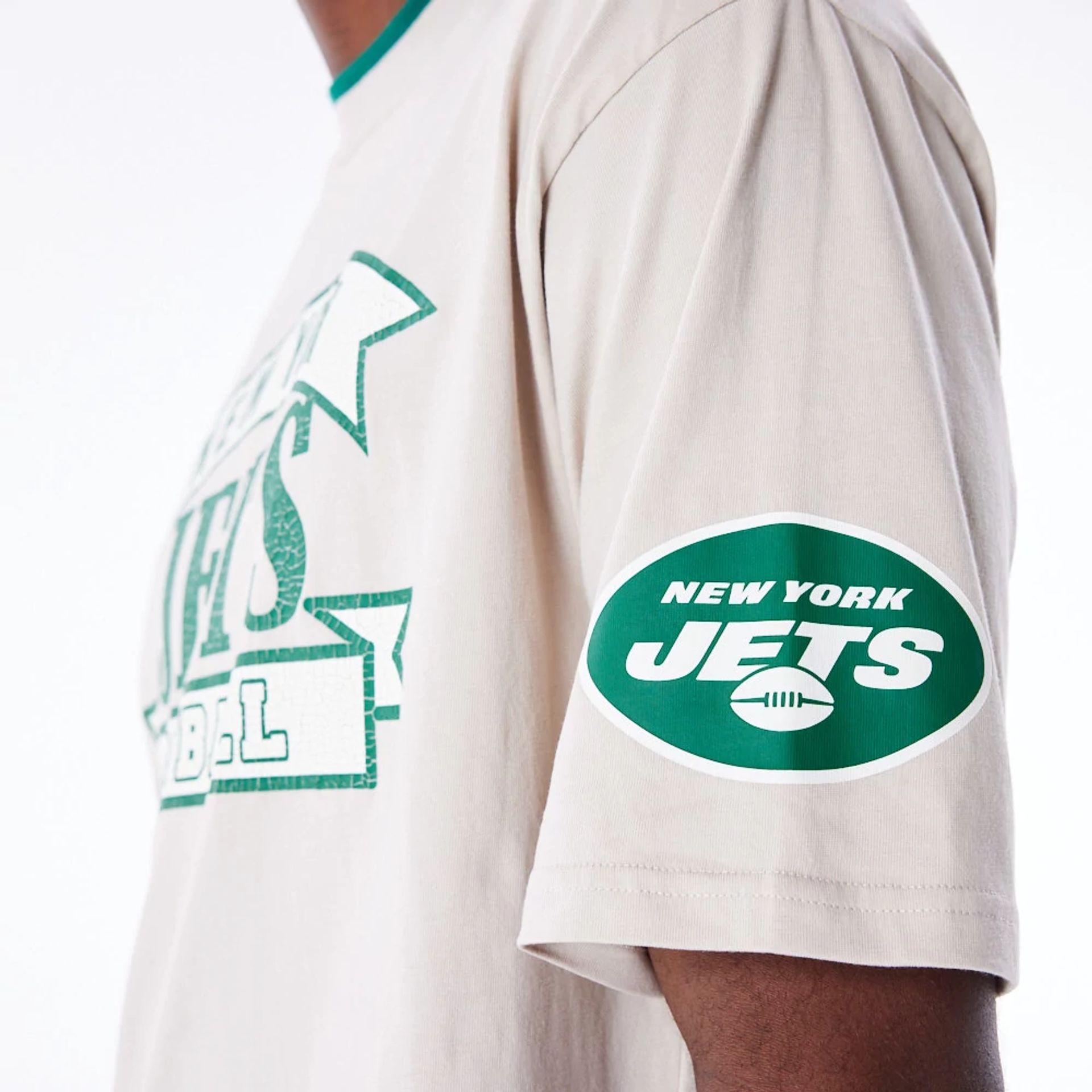 The Male model is wearing New York Jets NFL Graphic Open White Oversized T-Shirt 4