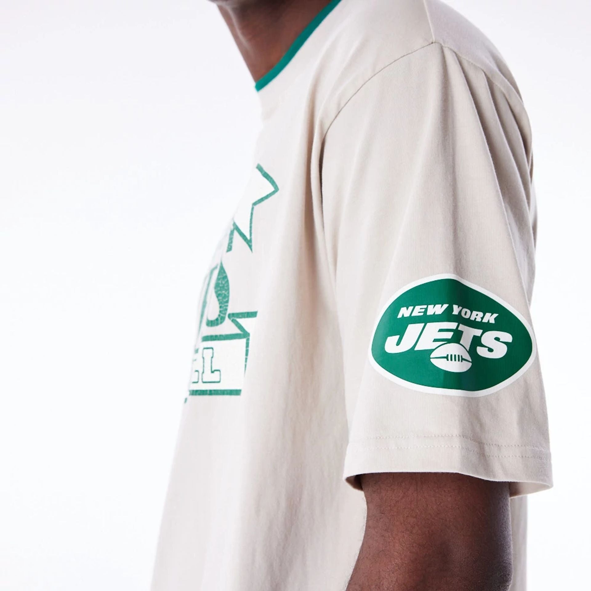 The Male model is wearing New York Jets NFL Graphic Open White Oversized T-Shirt 2