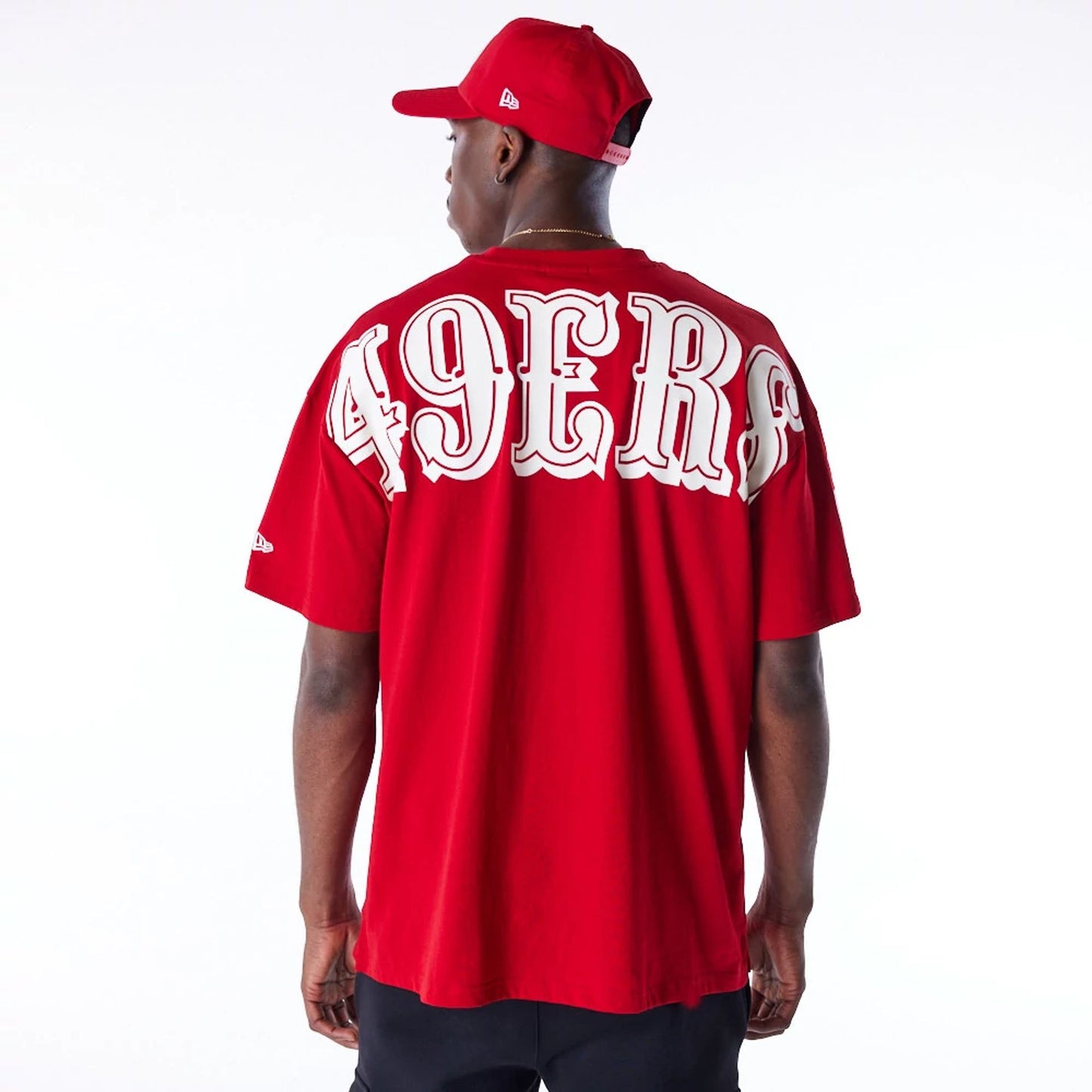 The Male model is wearing San Francisco 49ers NFL Drop Shoulder Red Drop Shoulder T-Shirt 8