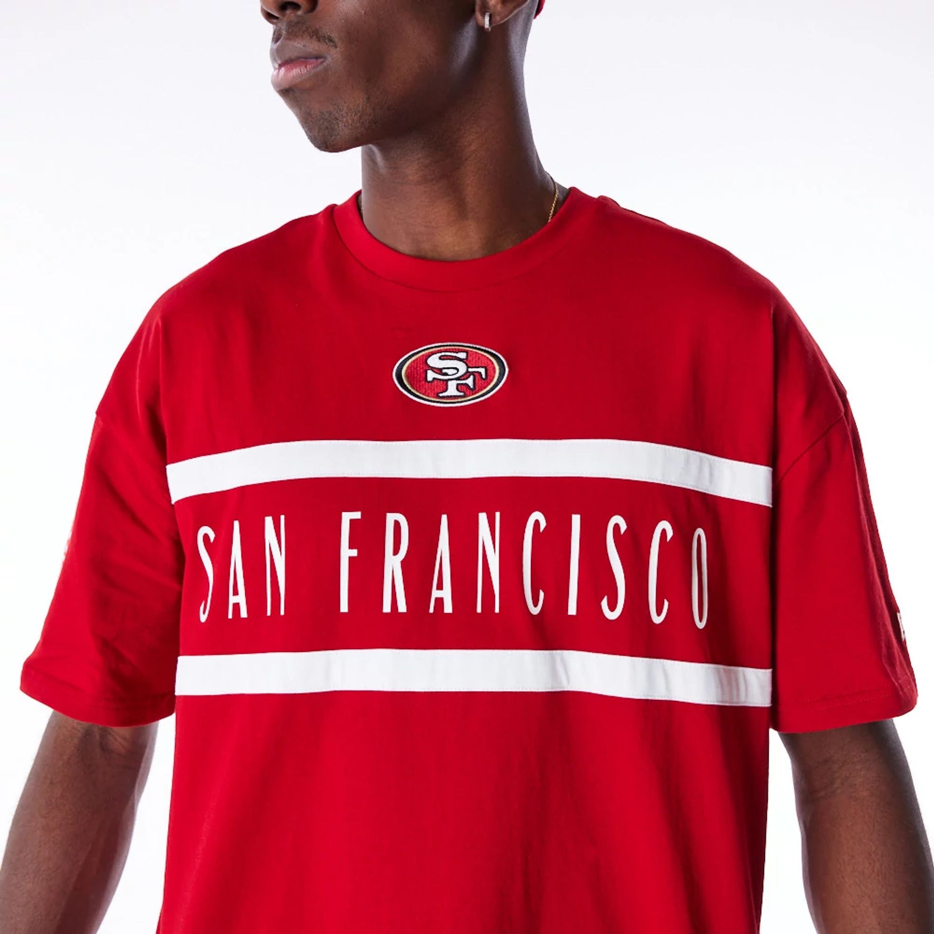 The Male model is wearing San Francisco 49ers NFL Drop Shoulder Red Drop Shoulder T-Shirt 1