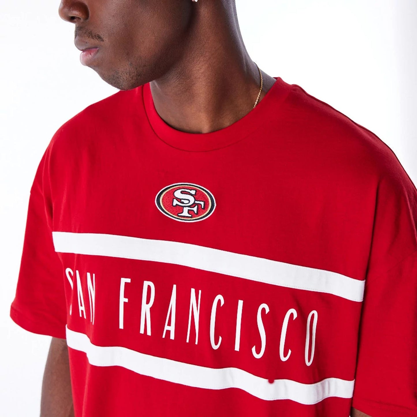 The Male model is wearing San Francisco 49ers NFL Drop Shoulder Red Drop Shoulder T-Shirt 4