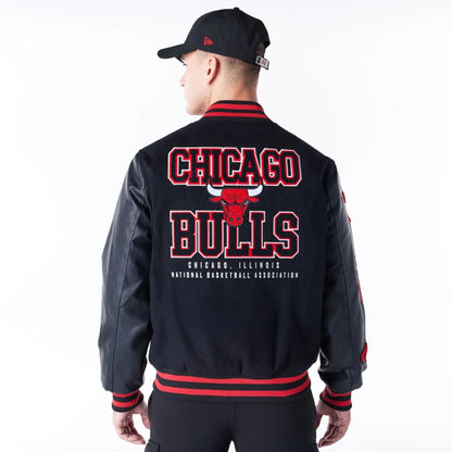 The Male model is wearing Chicago Bulls NBA Patch Black and Red Varsity Jacket 10