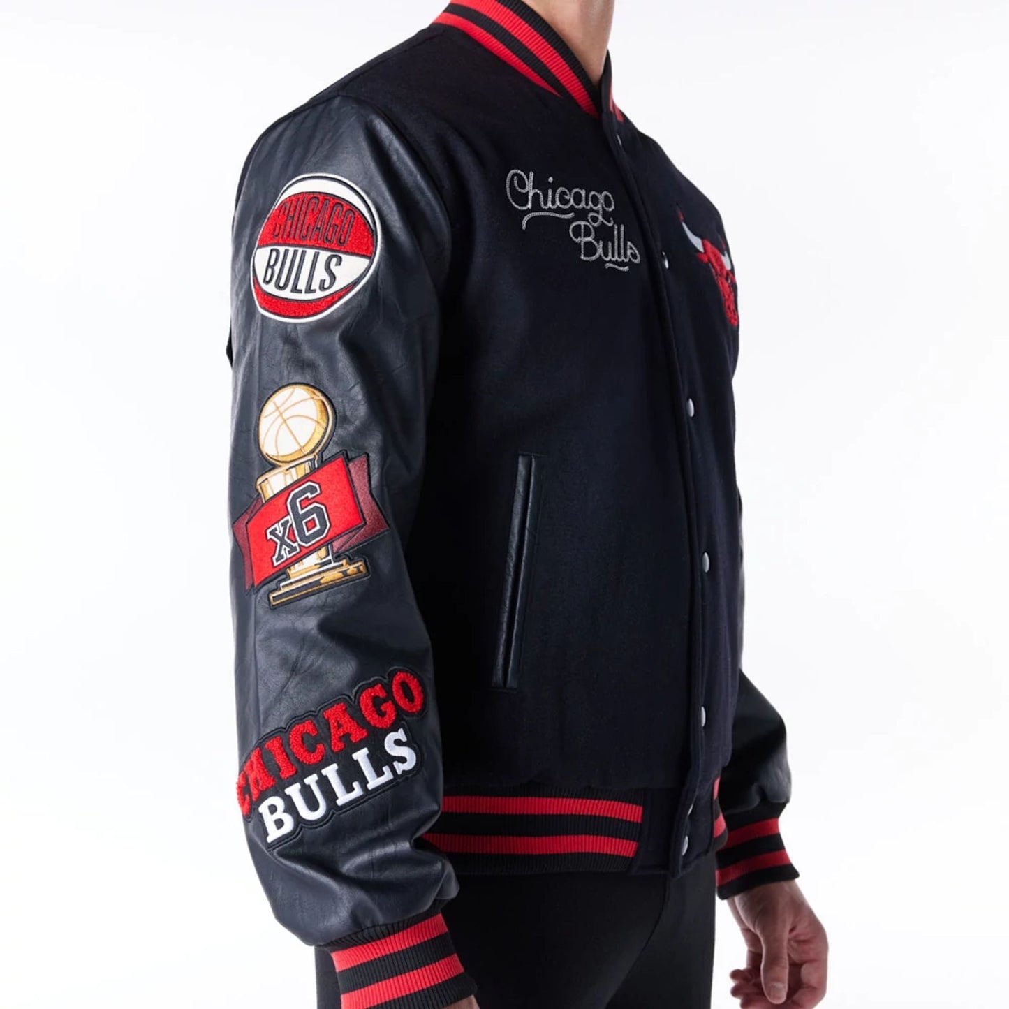 The Male model is wearing Chicago Bulls NBA Patch Black and Red Varsity Jacket 5