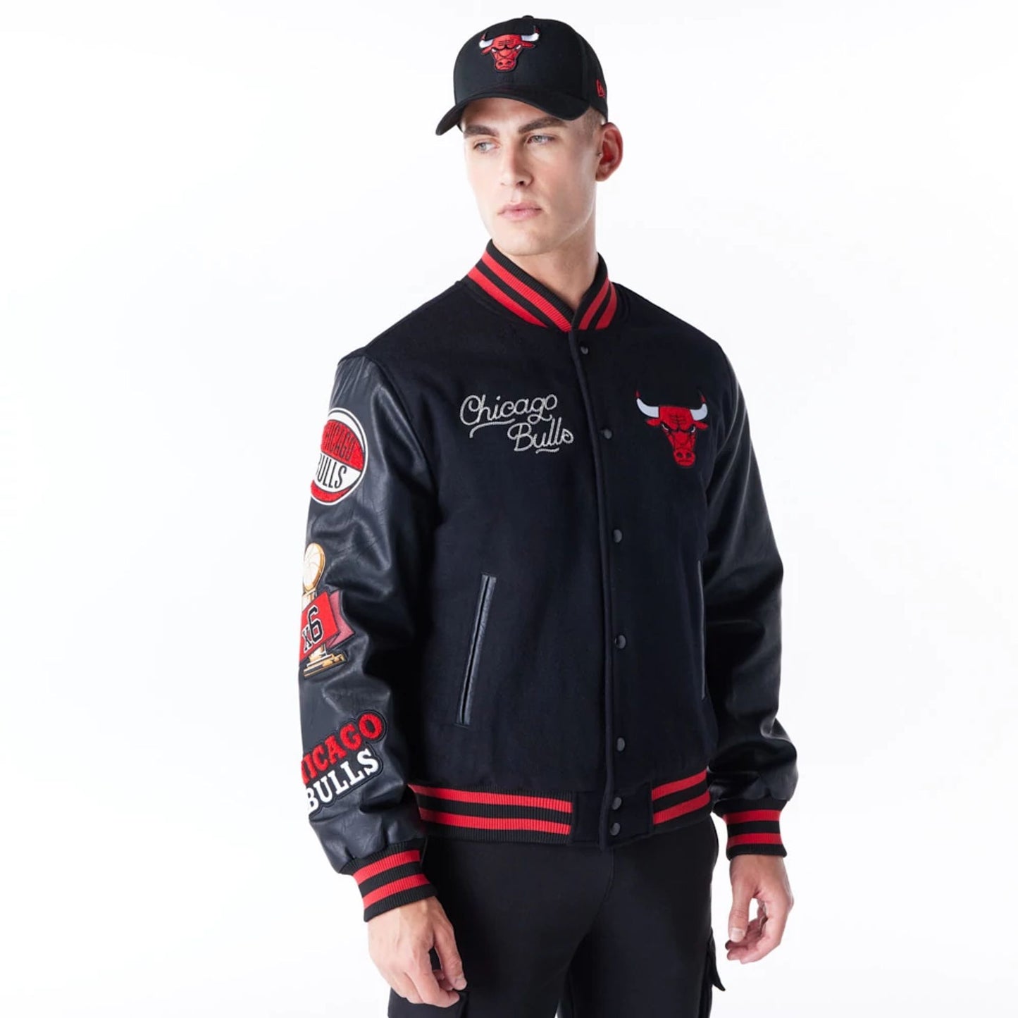 The Male model is wearing Chicago Bulls NBA Patch Black and Red Varsity Jacket 1