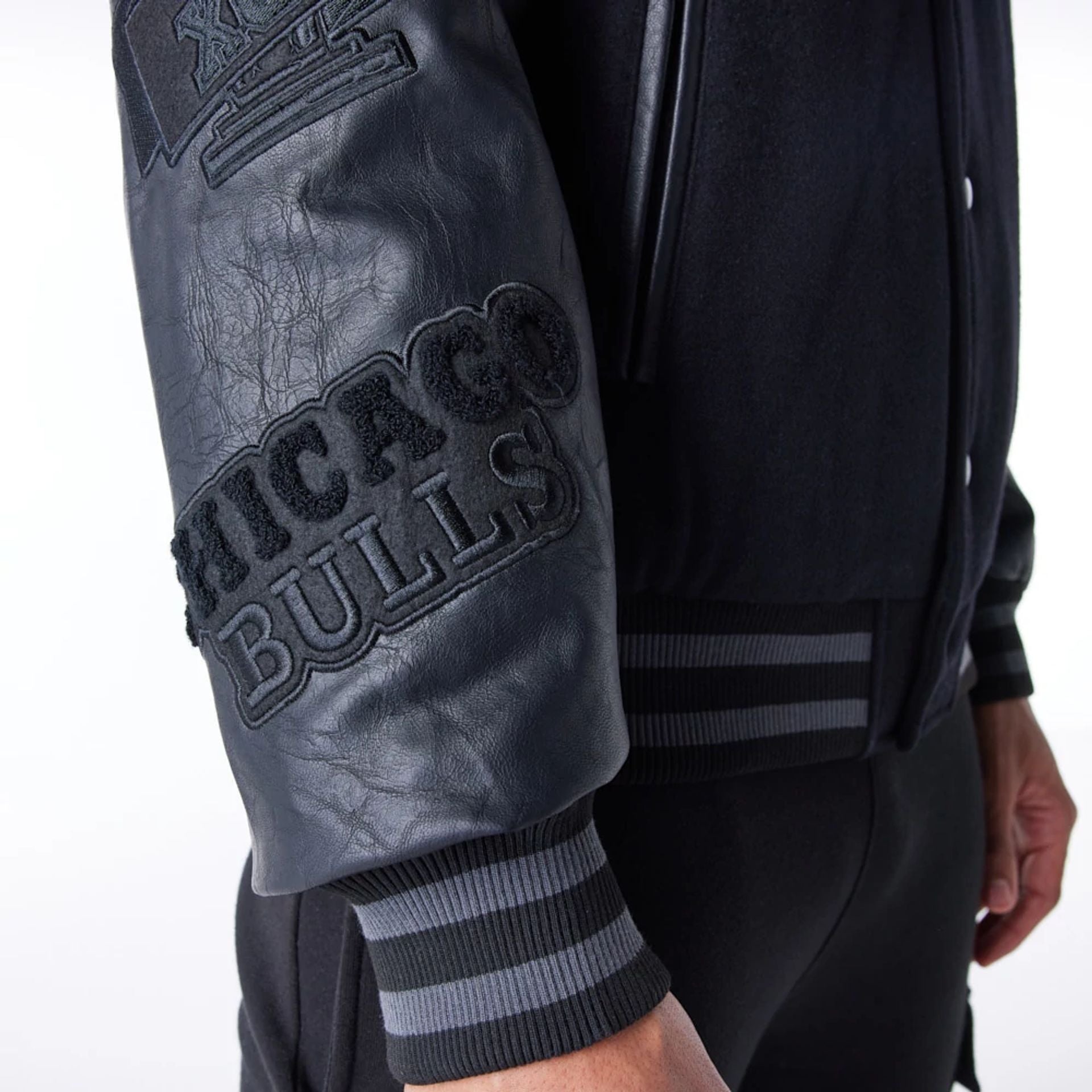 The Male model is wearing Chicago Bulls NBA Patch Black Varsity Jacket 14