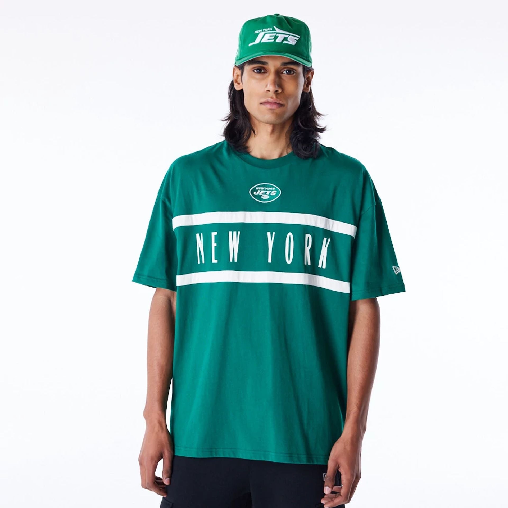 The Male model is wearing New York Jets NFL Drop Shoulder Green Drop Shoulder T-Shirt 7