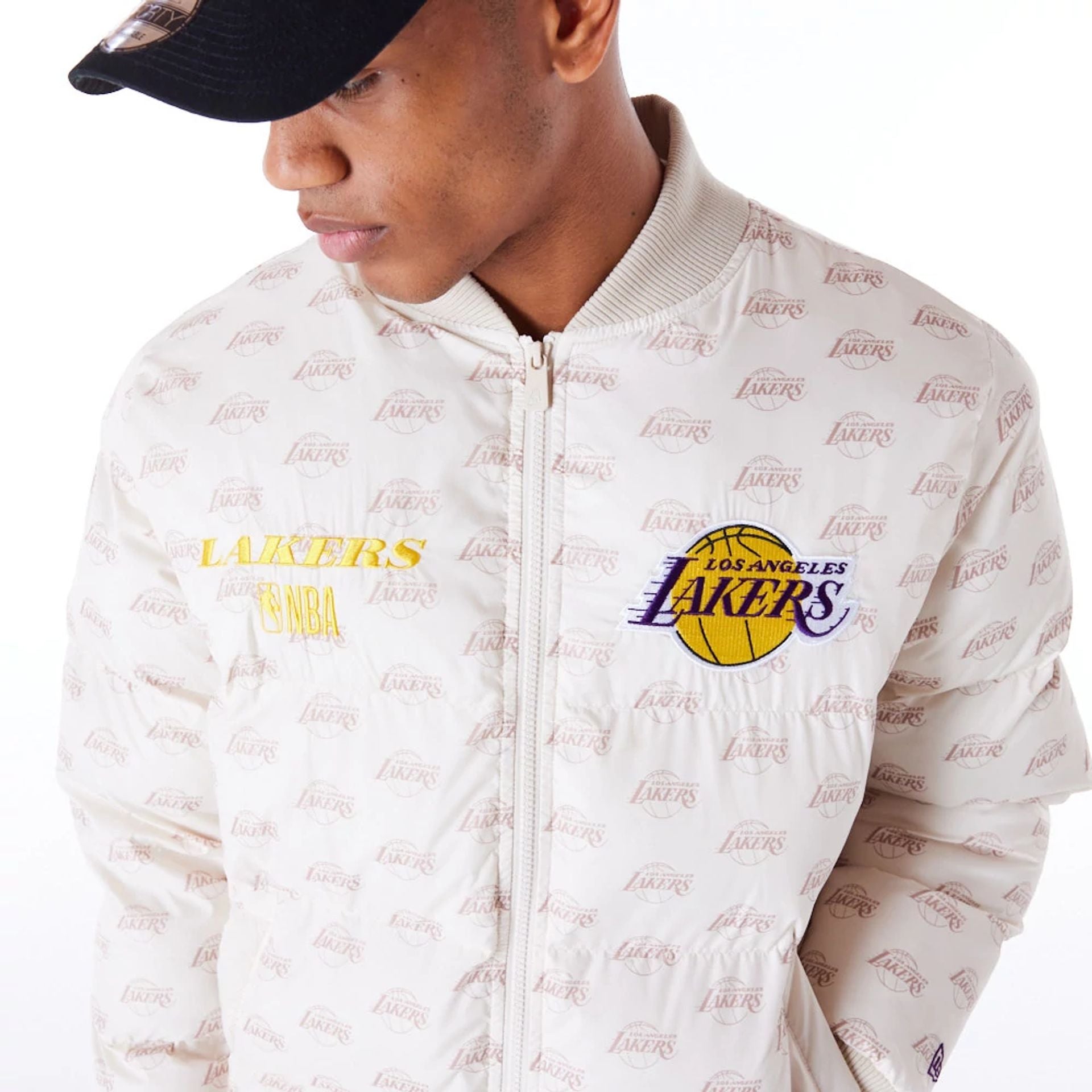 The Male model is wearing LA Lakers NBA Monogram Stone Puffer Jacket 6