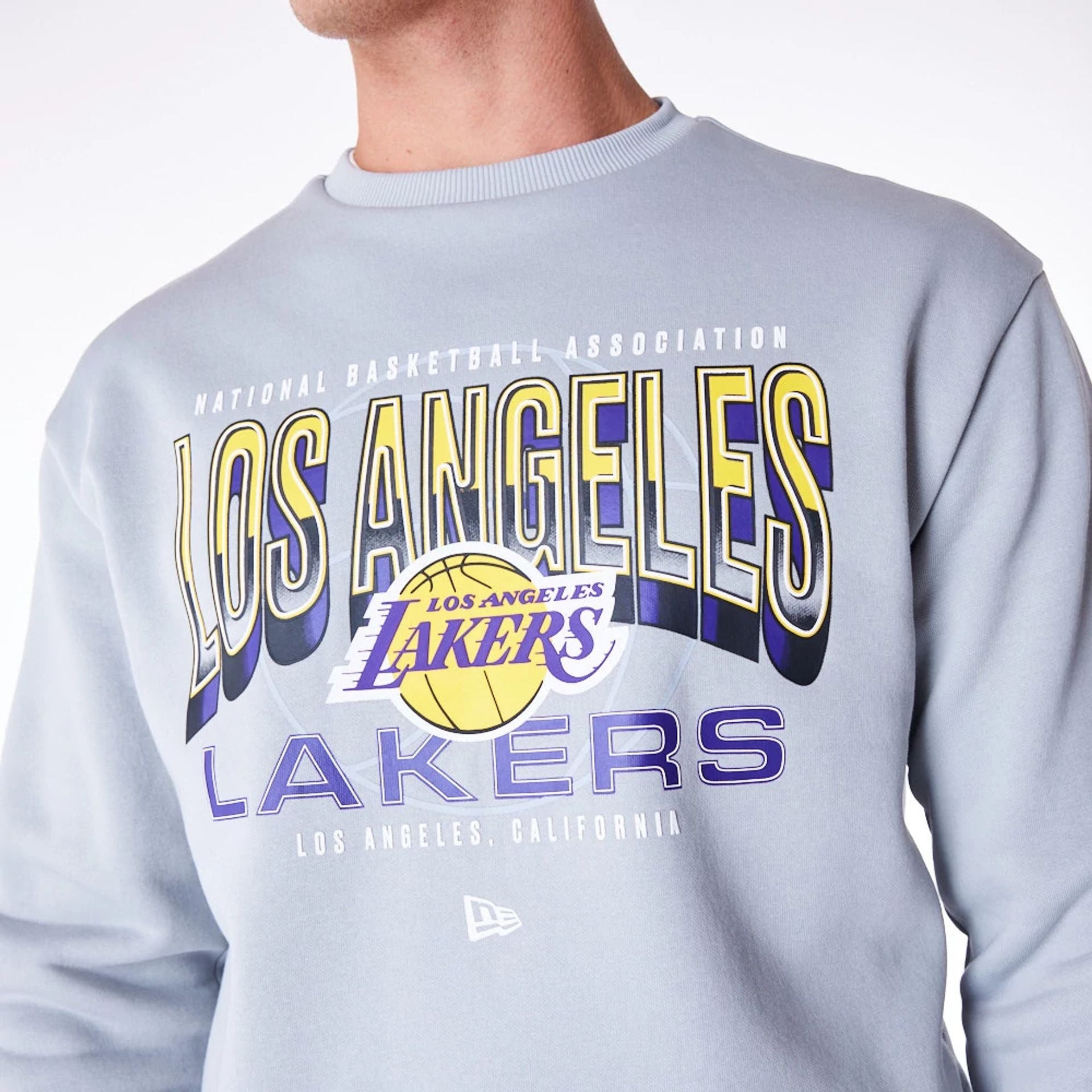 The Male model is wearing LA Lakers NBA Tech Grey Crew Neck Sweatshirt 2