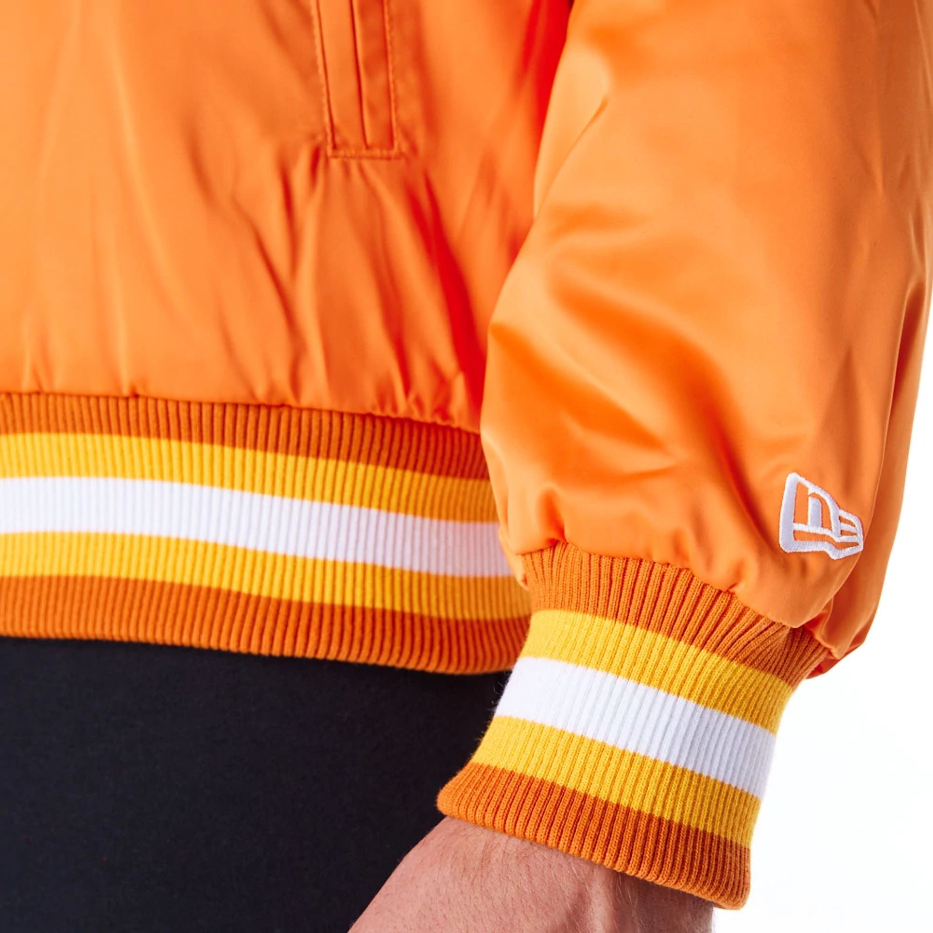 The Male model is wearing Phoenix Suns NBA Satin Orange Bomber Jacket 5