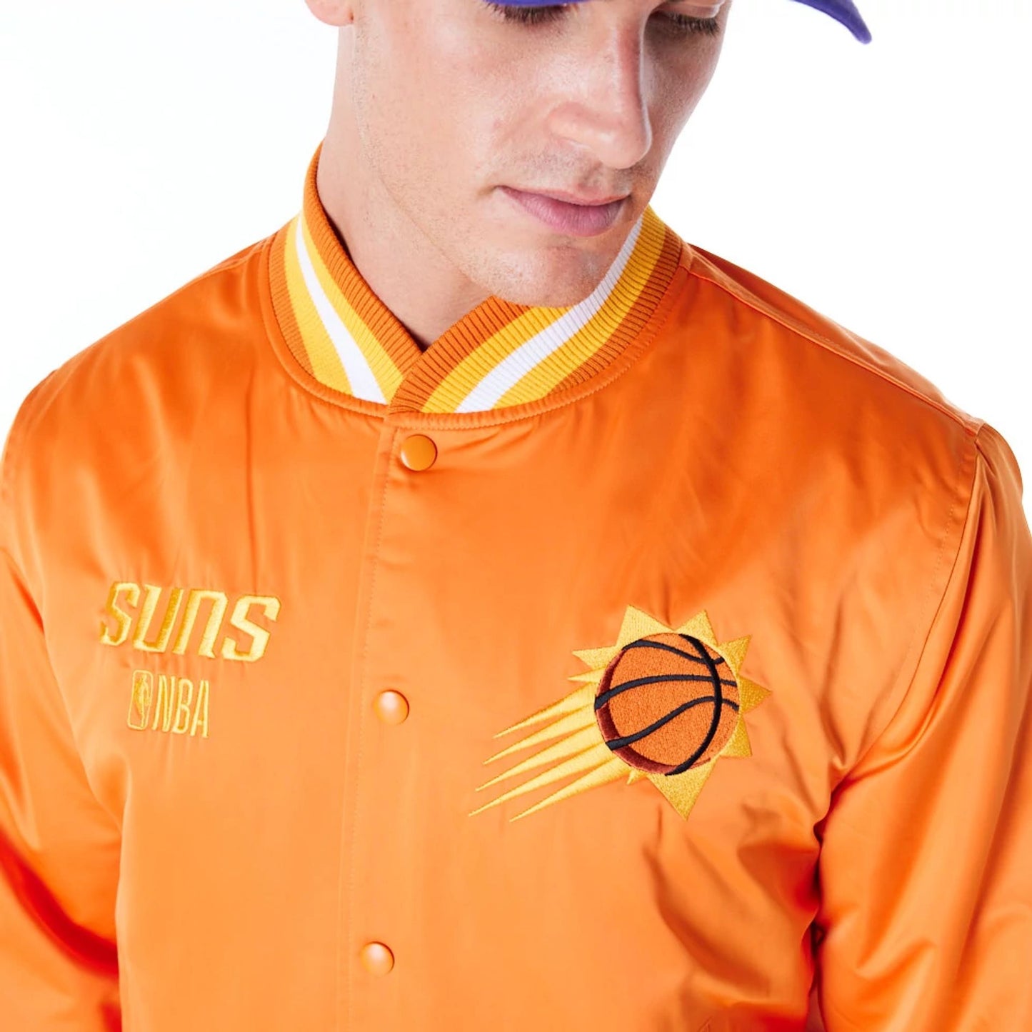 The Male model is wearing Phoenix Suns NBA Satin Orange Bomber Jacket 7