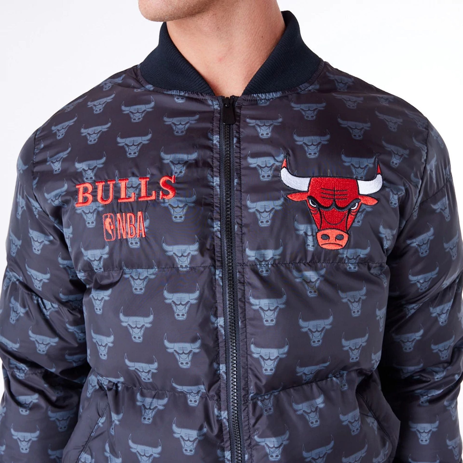 The Male model is wearing Chicago Bulls NBA Monogram Black Puffer Jacket 2