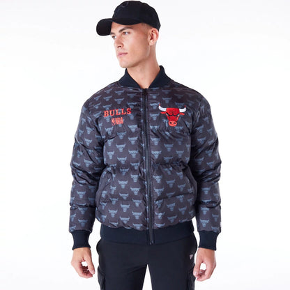 The Male model is wearing Chicago Bulls NBA Monogram Black Puffer Jacket 1