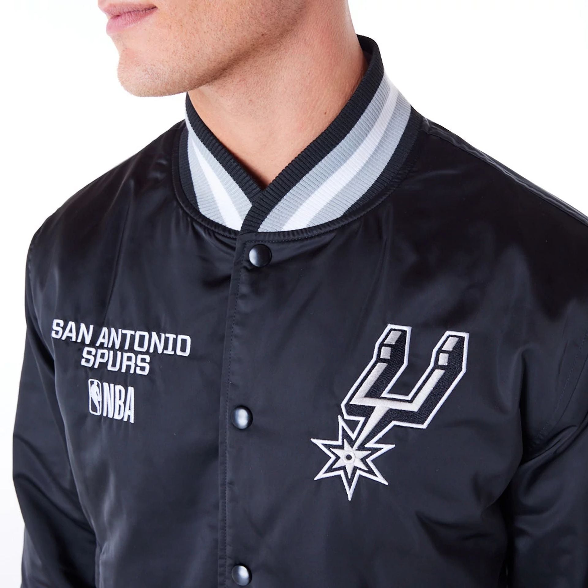 The Male model is wearing San Antonio Spurs NBA Satin Black Bomber Jacket 7