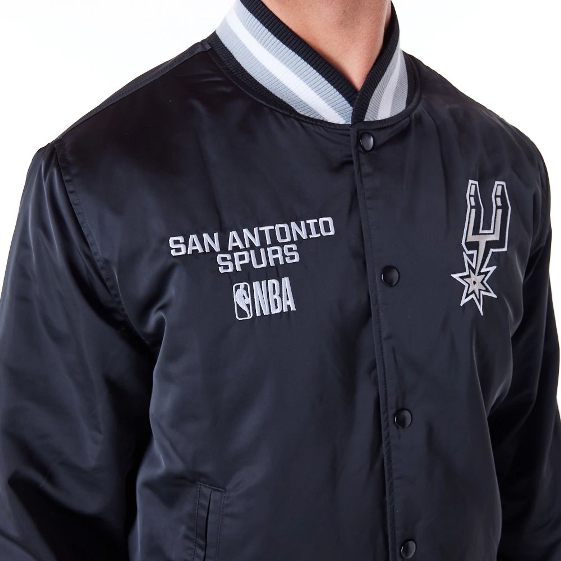 The Male model is wearing San Antonio Spurs NBA Satin Black Bomber Jacket 3