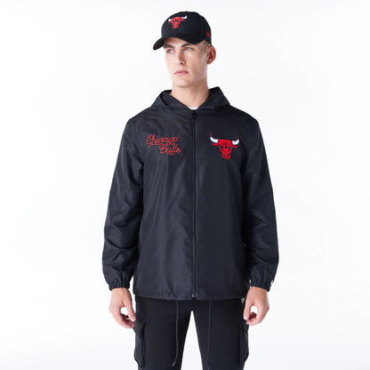 The Male model is wearing Chicago Bulls NBA Graphic Black Jacket 1