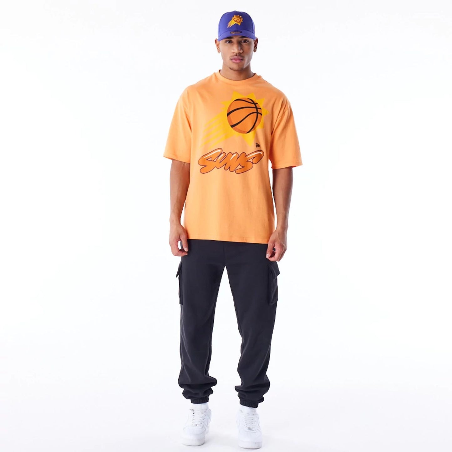 The Male model is wearing Phoenix Suns NBA Wordmark Orange Oversized T-Shirt 4