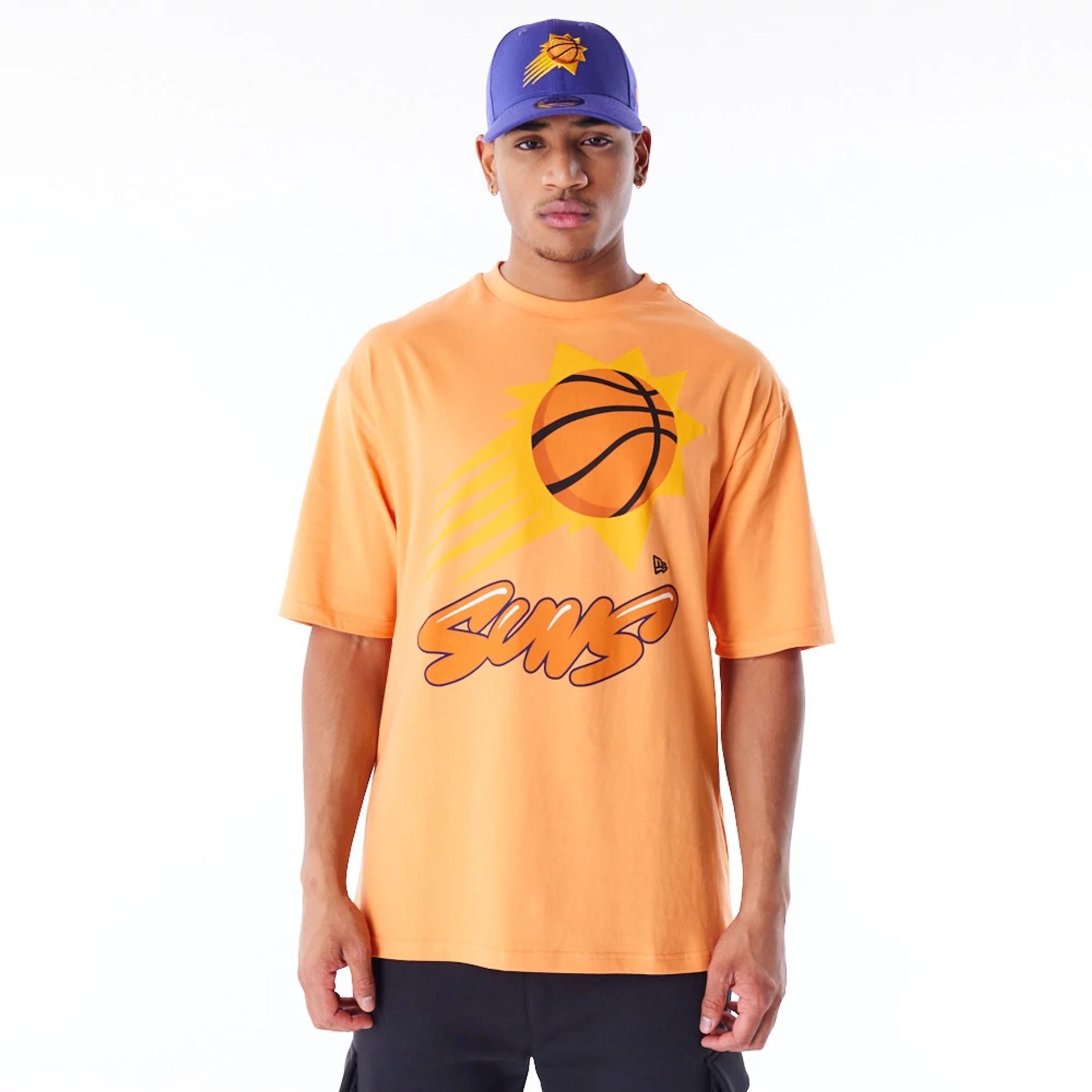 The Male model is wearing Phoenix Suns NBA Wordmark Orange Oversized T-Shirt 1