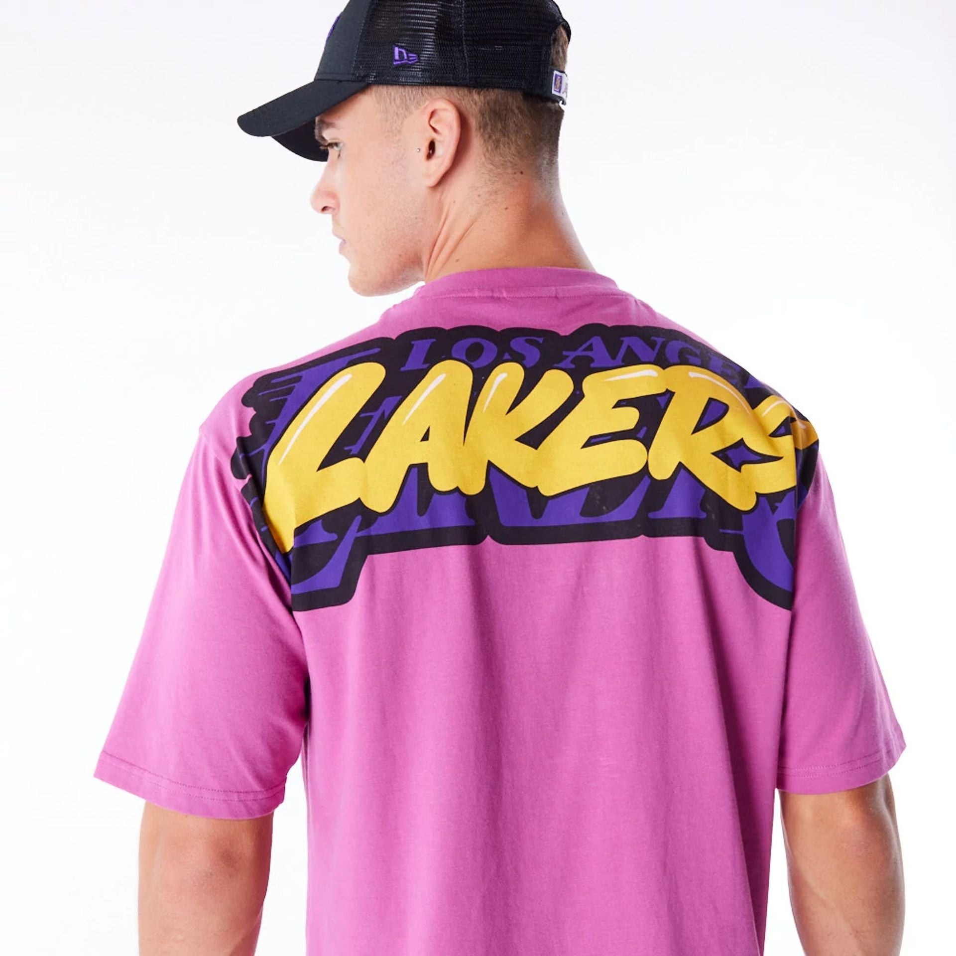 The Male model is wearing LA Lakers NBA Wordmark Purple Oversized T-Shirt 3