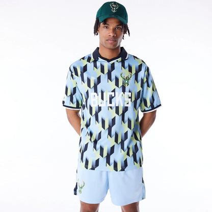 The Male model is wearing Milwaukee Bucks NBA Soccer Pastel Blue T-Shirt 11