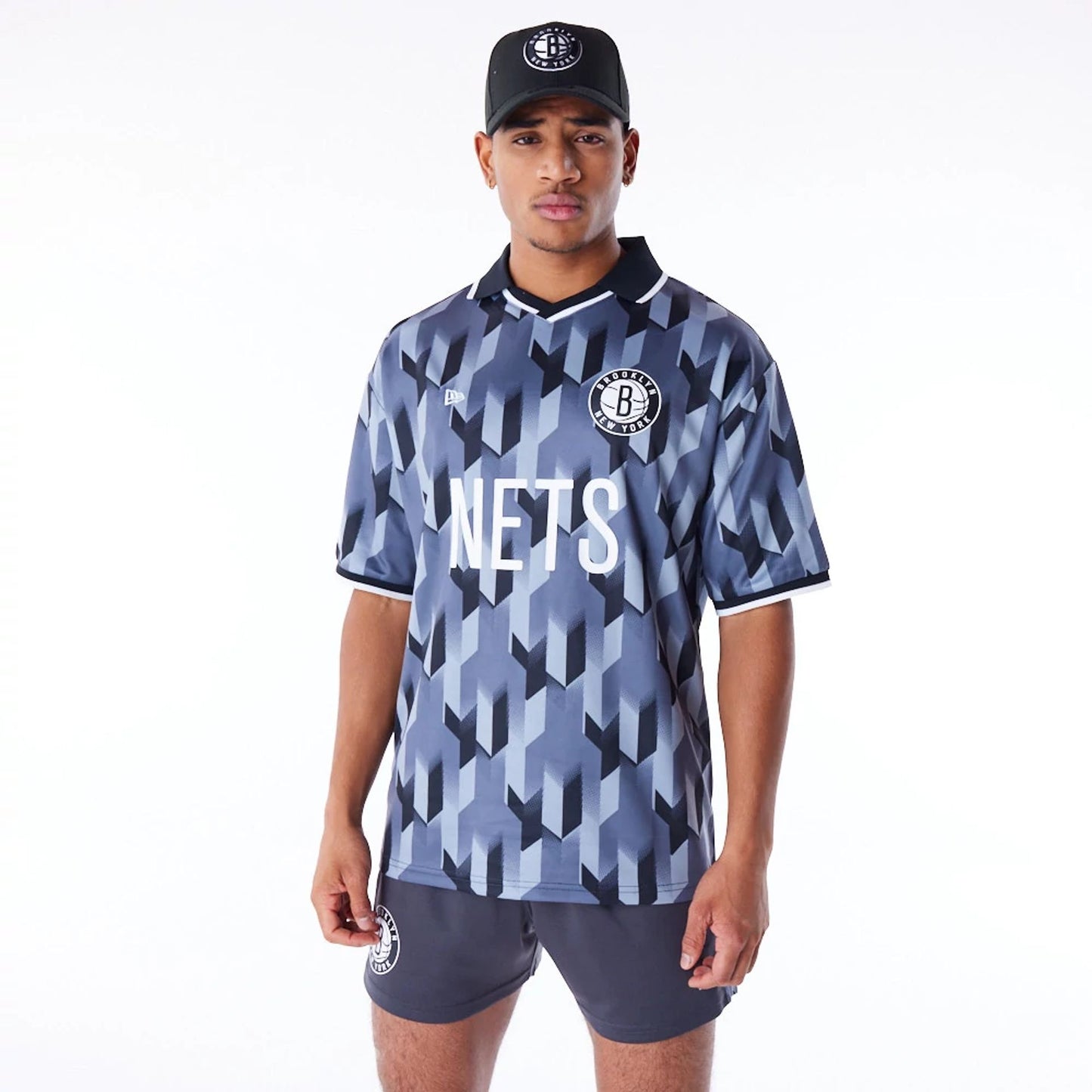 The Male model is wearing Brooklyn Nets NBA Soccer Dark Grey T-Shirt 8