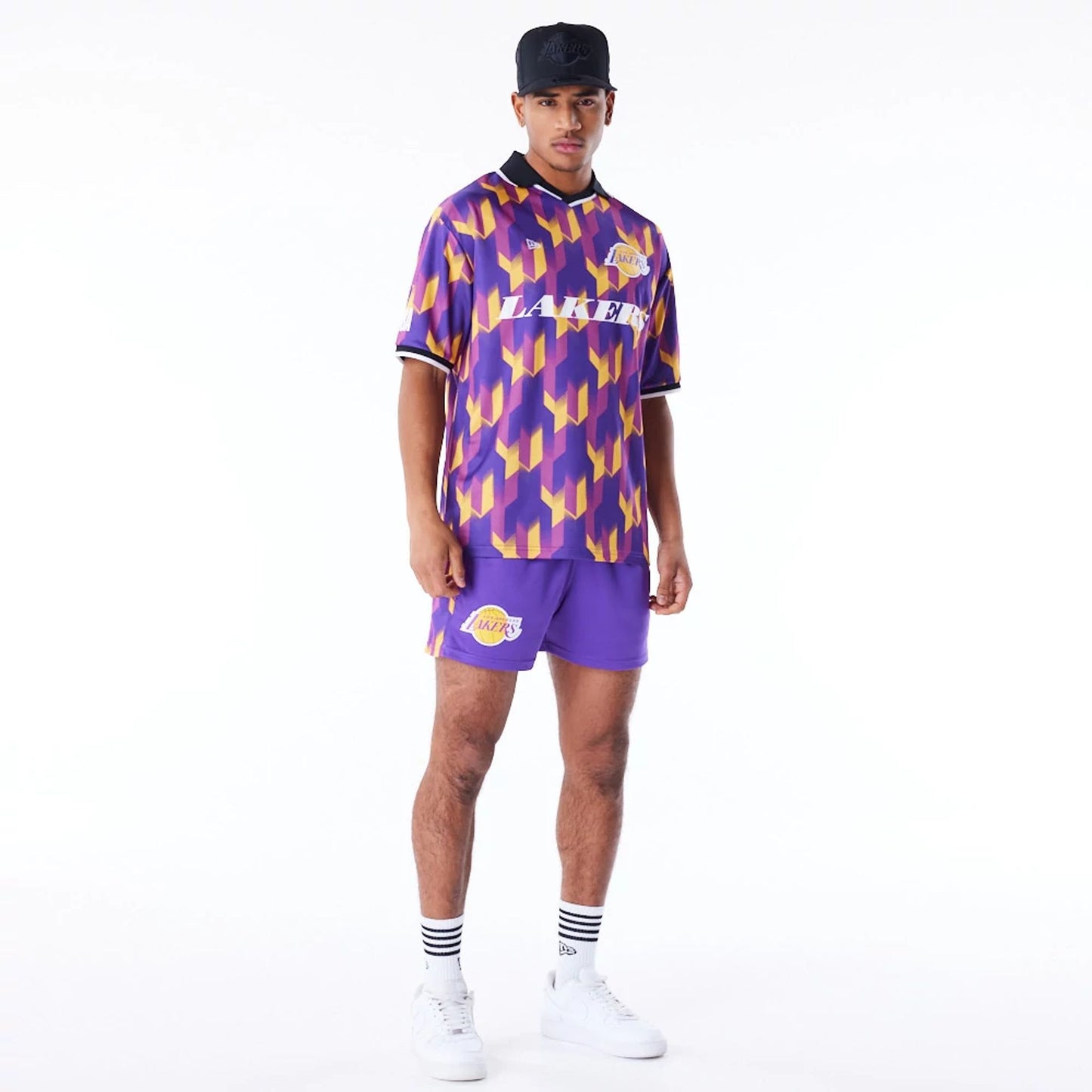 The Male model is wearing LA Lakers NBA Soccer Purple T-Shirt 7