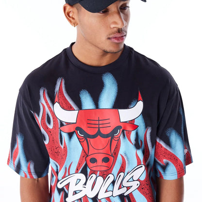 The Male model is wearing Chicago Bulls NBA Flame Black Oversized T-Shirt 5