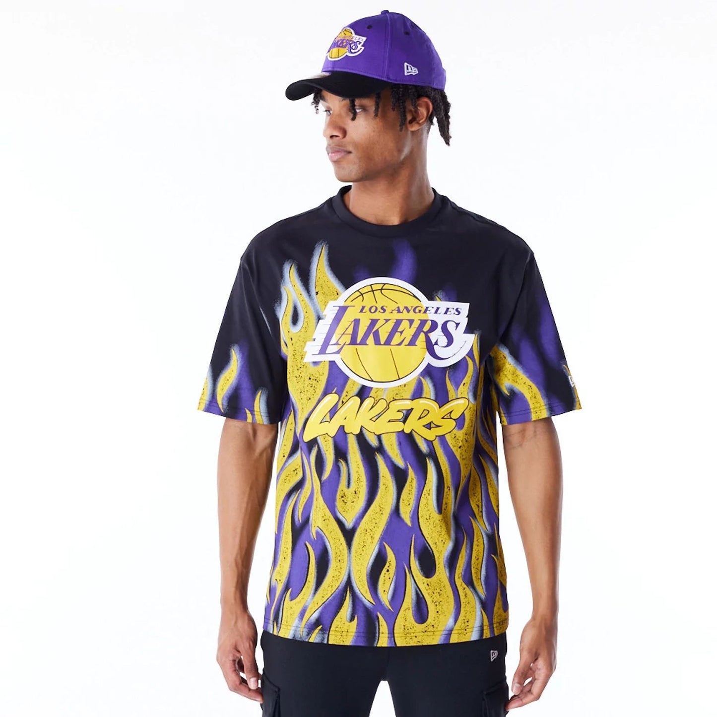 The Male model is wearing LA Lakers NBA Flame Black Oversized T-Shirt 4