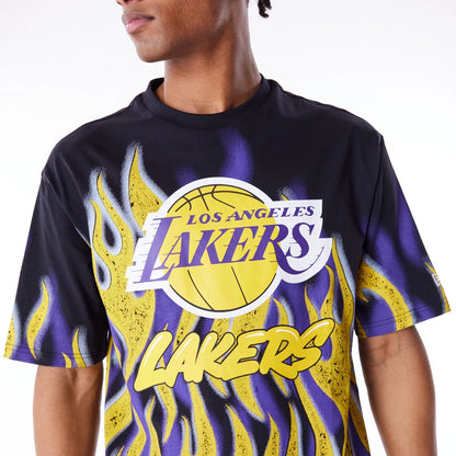 The Male model is wearing LA Lakers NBA Flame Black Oversized T-Shirt 6