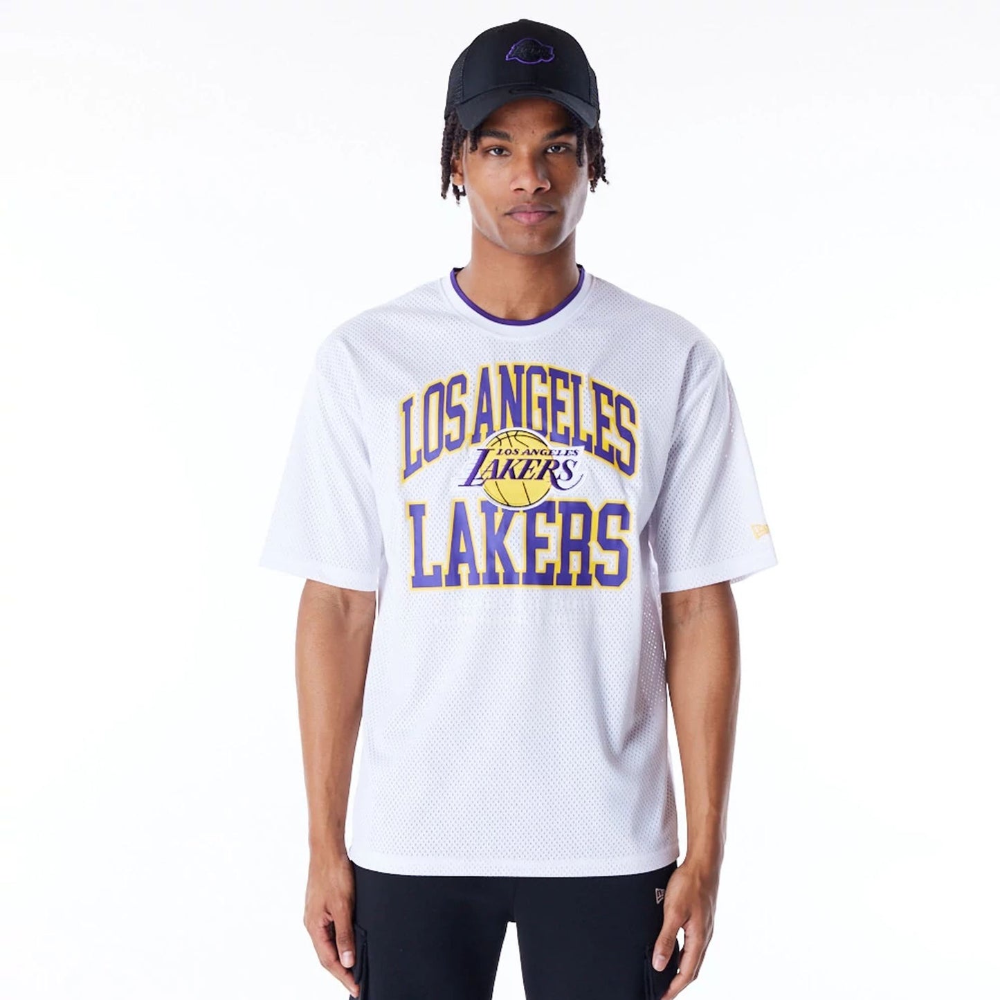 The Male model is wearing LA Lakers NBA Patch White Oversized Mesh T-Shirt 1