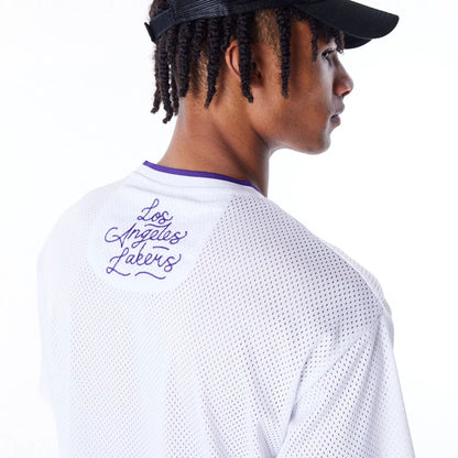 The Male model is wearing LA Lakers NBA Patch White Oversized Mesh T-Shirt 6