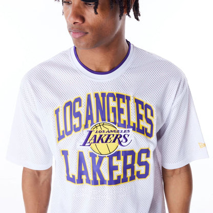 The Male model is wearing LA Lakers NBA Patch White Oversized Mesh T-Shirt 3