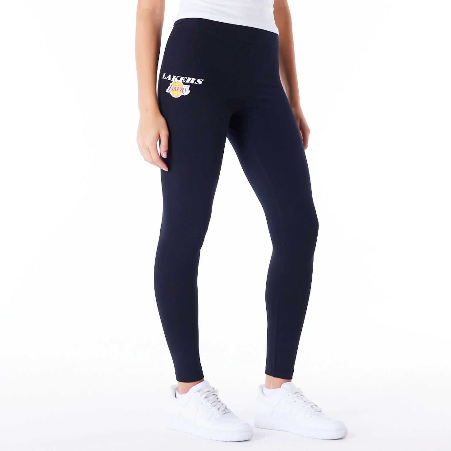 The Female model is wearing LA Lakers Womens NBA Team Logo Wordmark Black Leggings 1