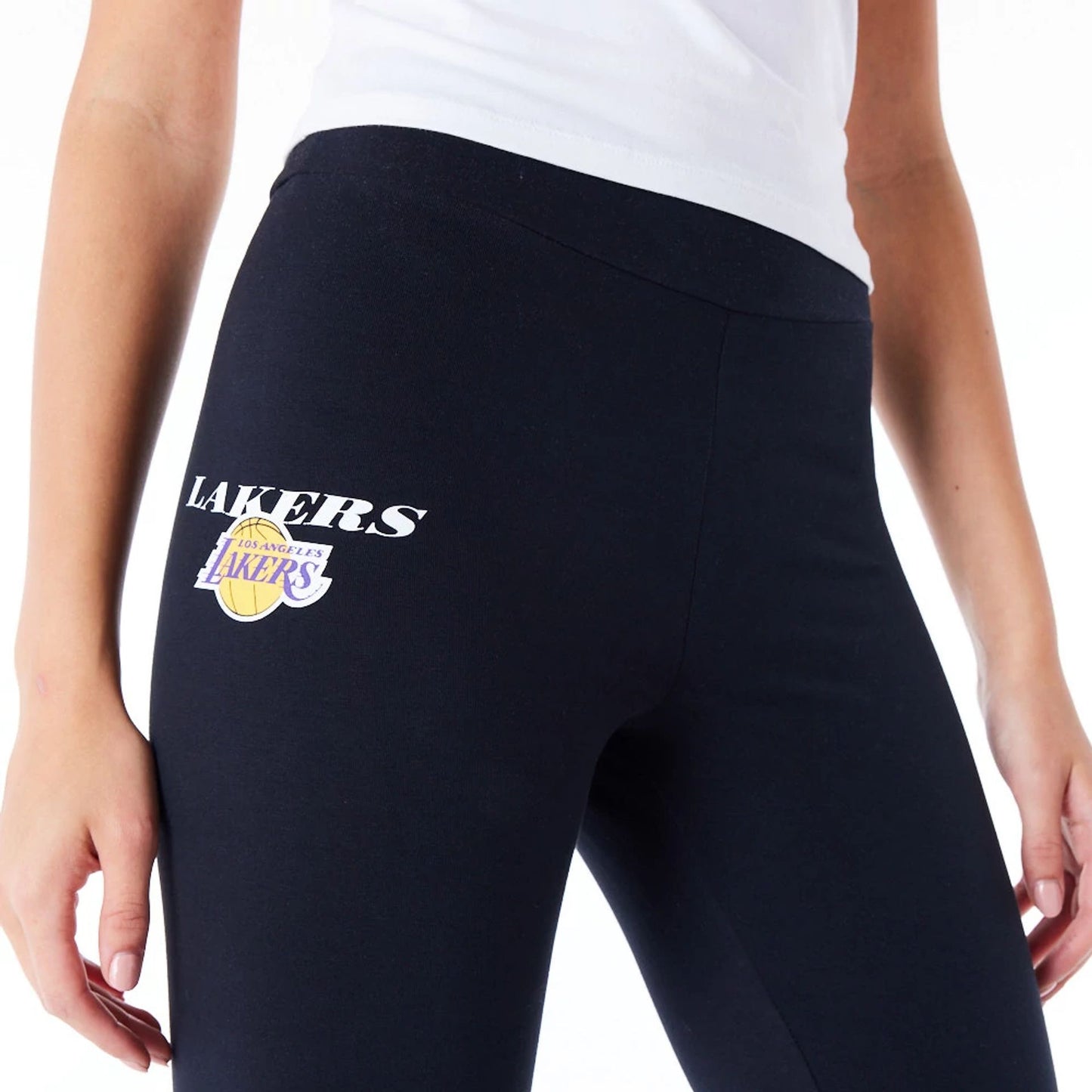 The Female model is wearing LA Lakers Womens NBA Team Logo Wordmark Black Leggings 2