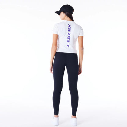 The Female model is wearing LA Lakers Womens NBA Team Logo Wordmark Black Leggings 5