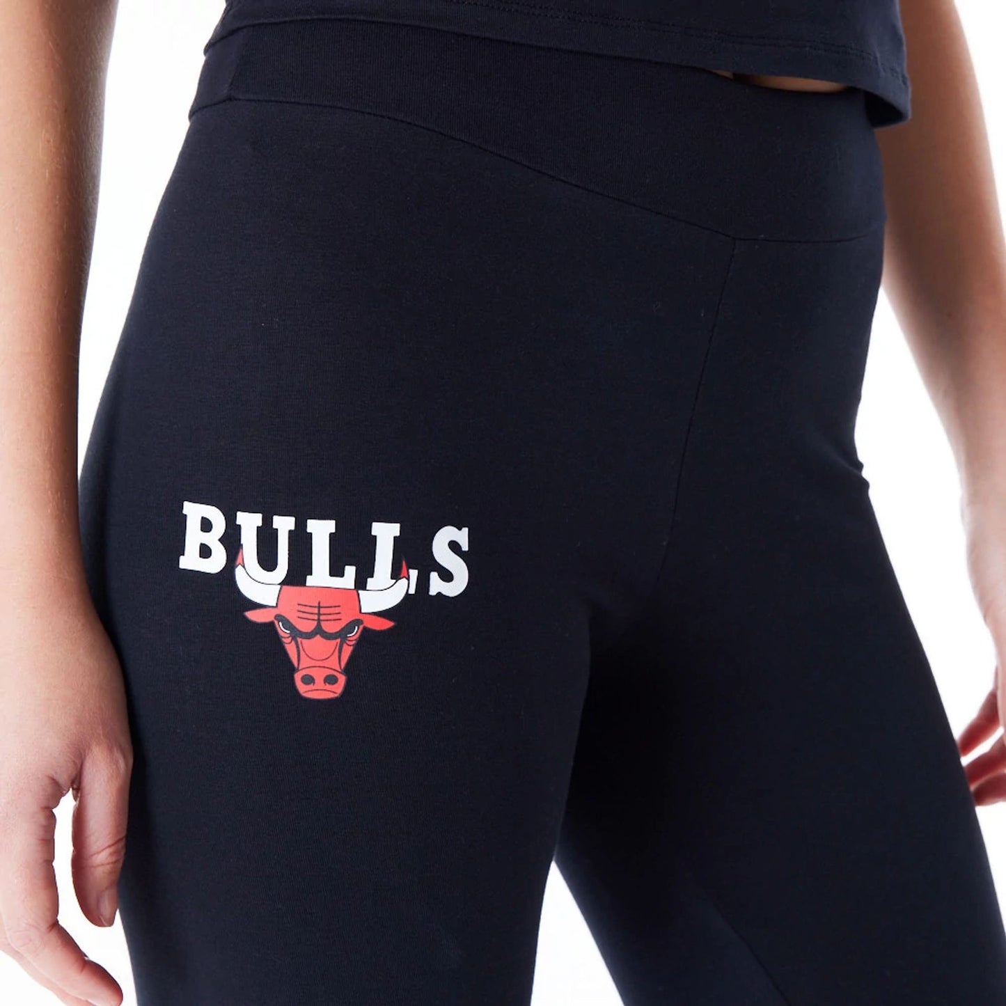 The Female model is wearing Chicago Bulls Womens NBA Team Logo Black Leggings 2