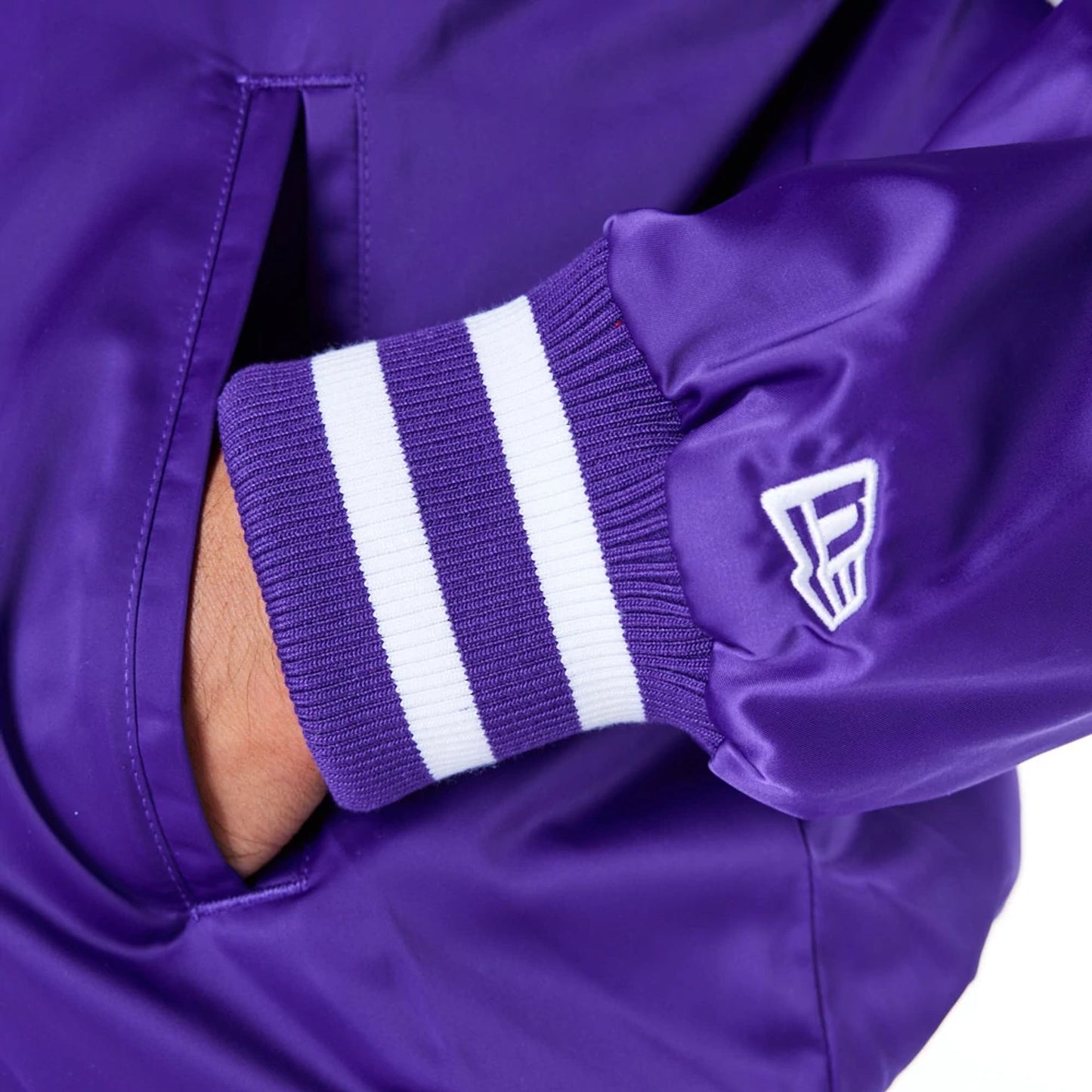 The Male model is wearing Minnesota Vikings NFL Satin Purple Bomber Jacket 8