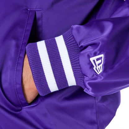 The Male model is wearing Minnesota Vikings NFL Satin Purple Bomber Jacket 8