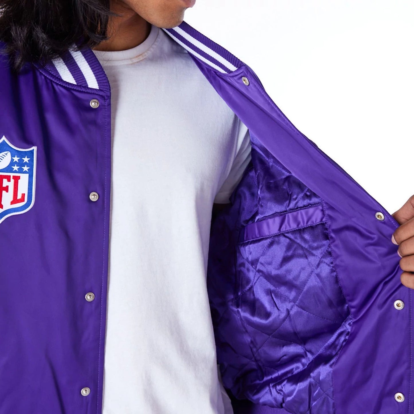 The Male model is wearing Minnesota Vikings NFL Satin Purple Bomber Jacket 3