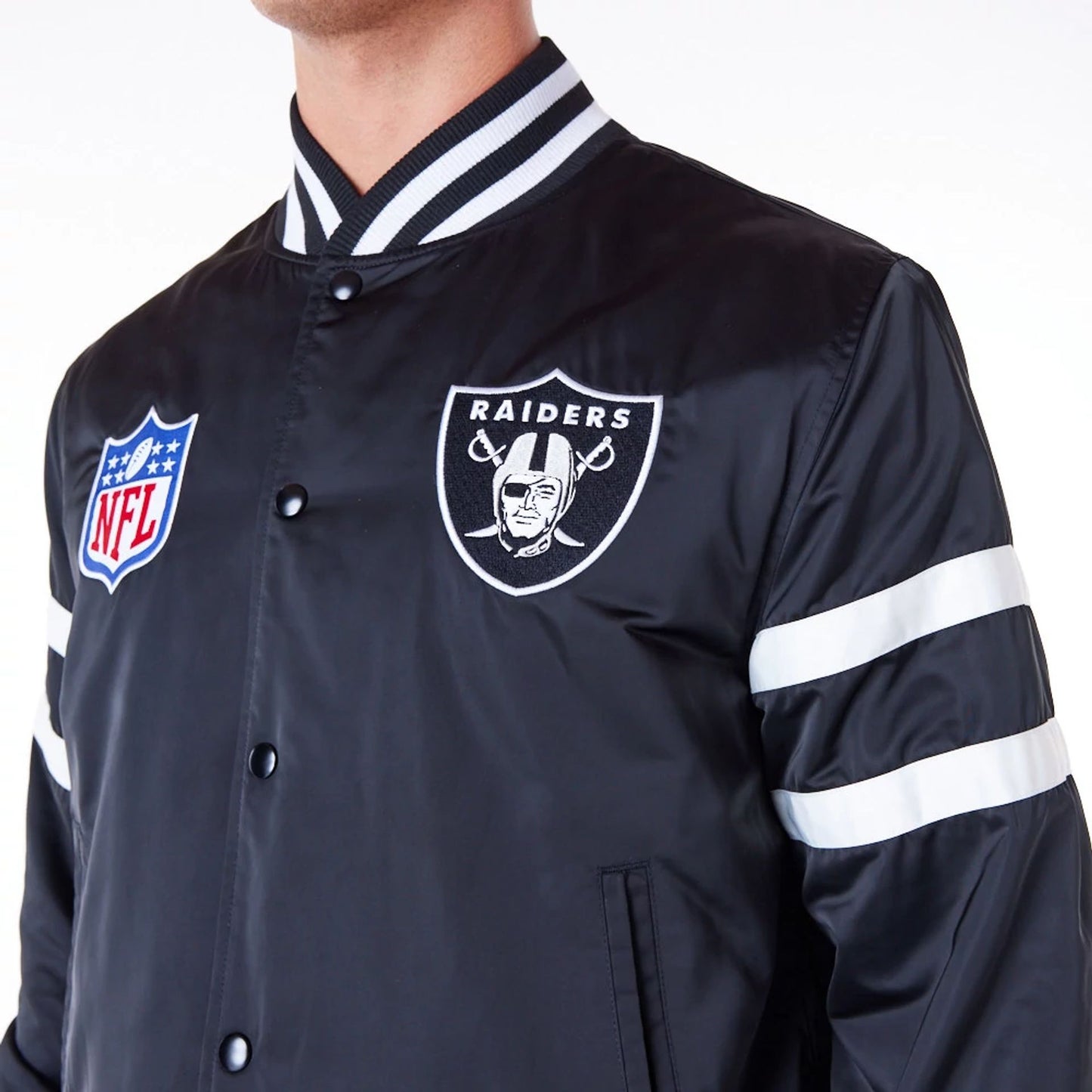 The Male model is wearing Las Vegas Raiders NFL Satin Black Bomber Jacket 3