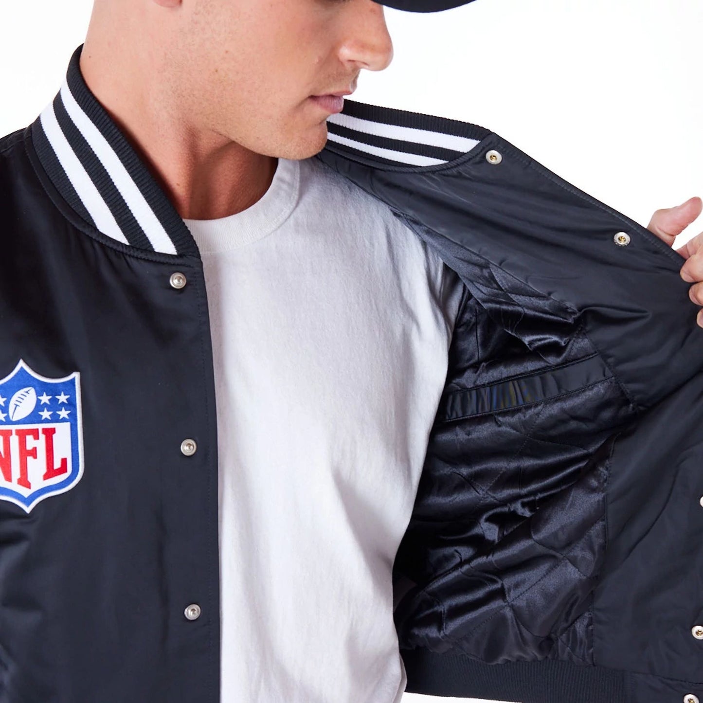 The Male model is wearing Las Vegas Raiders NFL Satin Black Bomber Jacket 2