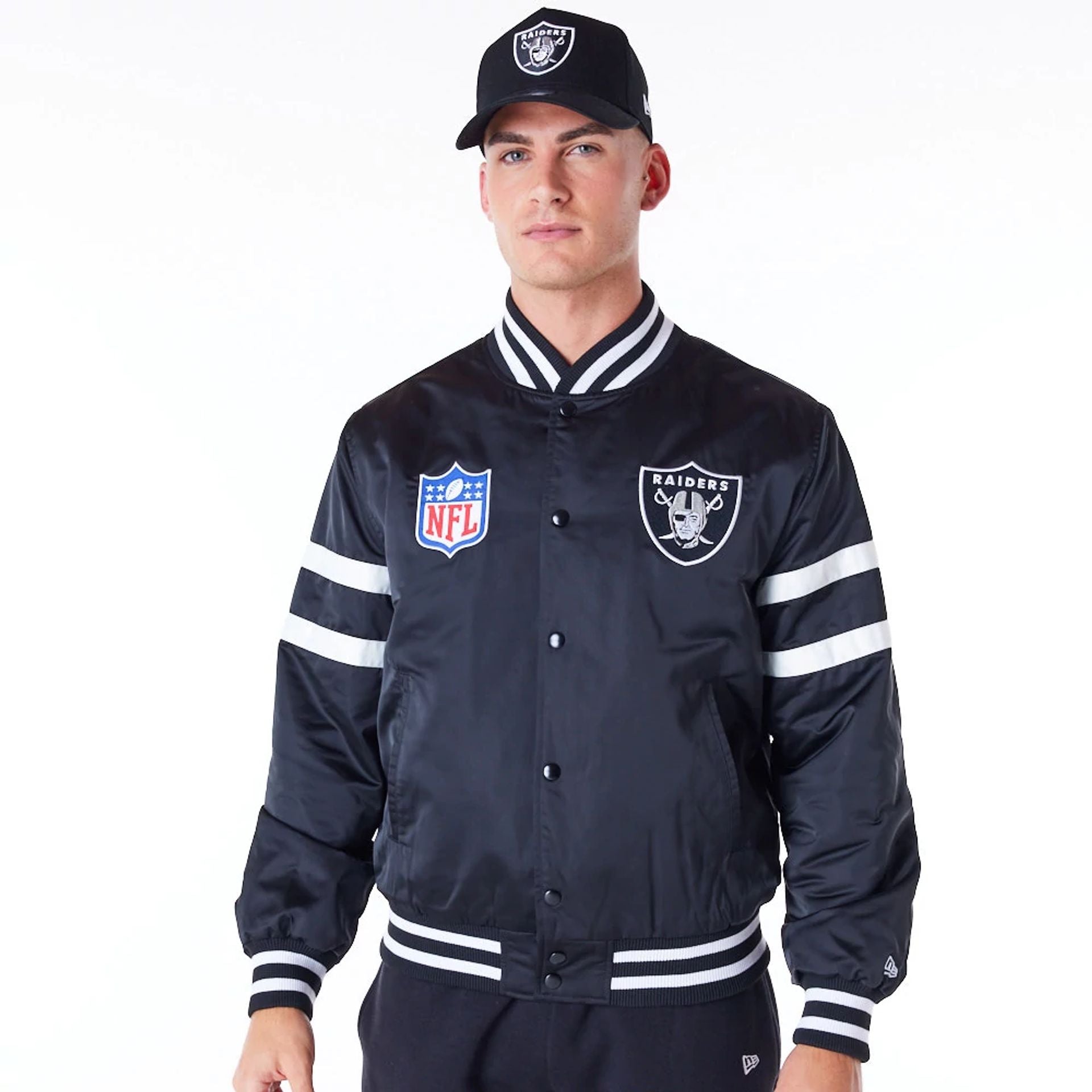 The Male model is wearing Las Vegas Raiders NFL Satin Black Bomber Jacket 1