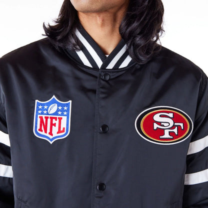 The Male model is wearing San Francisco 49ers NFL Satin Black Bomber Jacket 7