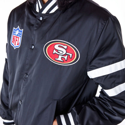 The Male model is wearing San Francisco 49ers NFL Satin Black Bomber Jacket 4