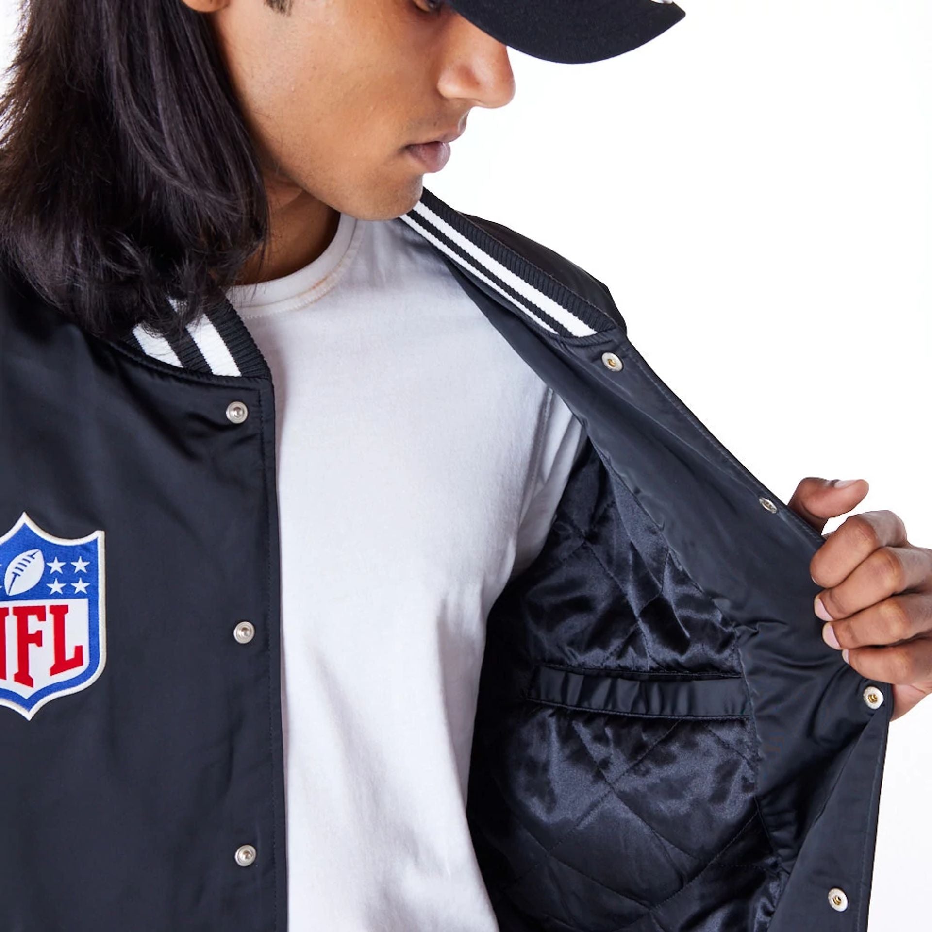 The Male model is wearing San Francisco 49ers NFL Satin Black Bomber Jacket 5