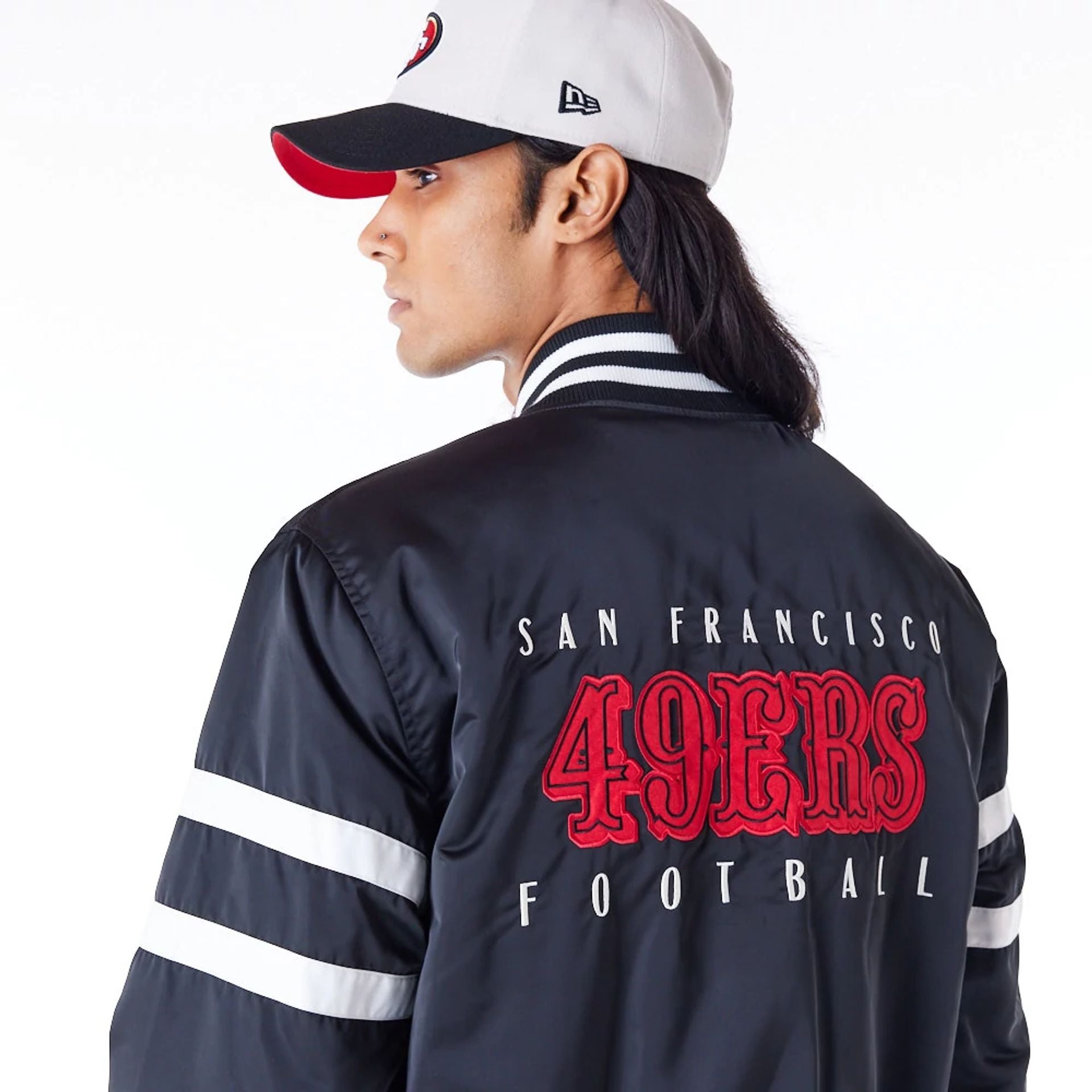 The Male model is wearing San Francisco 49ers NFL Satin Black Bomber Jacket 2