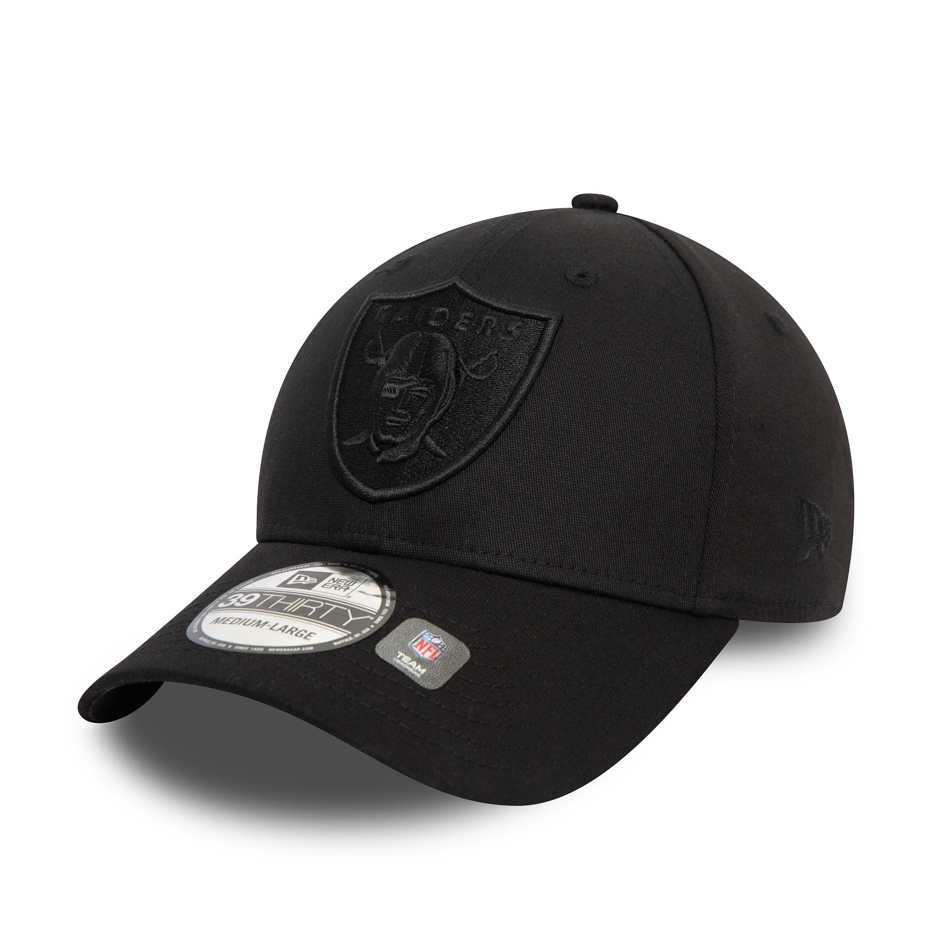 This is a Las Vegas Raiders Monochrome Black 39THIRTY Stretch Fit Cap 4