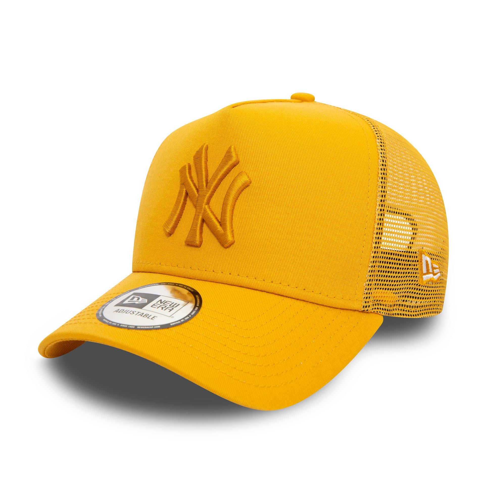 This is a New York Yankees League Essential Dark Yellow 9FORTY E-Frame Adjustable Trucker Cap 1